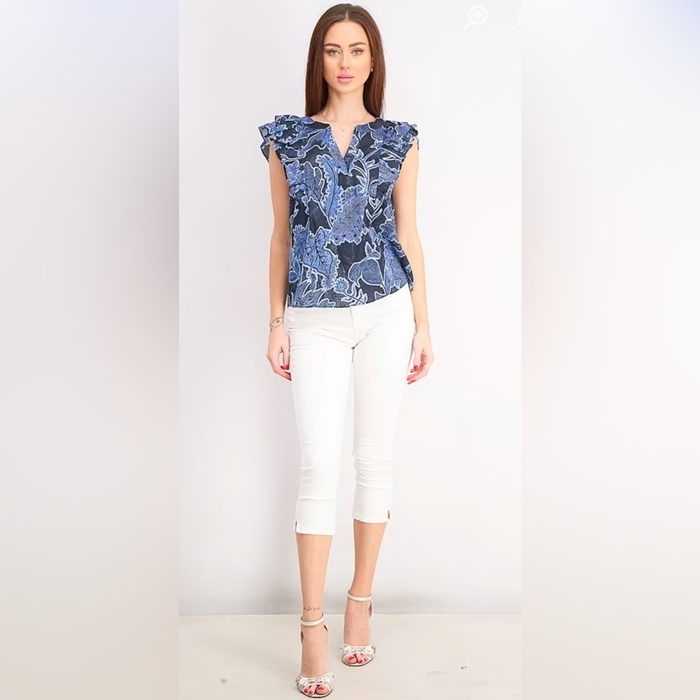 Parker Top S Blue/Black Mindy Floral Print Ruffled & Cap Sleeves Cotton Blouse